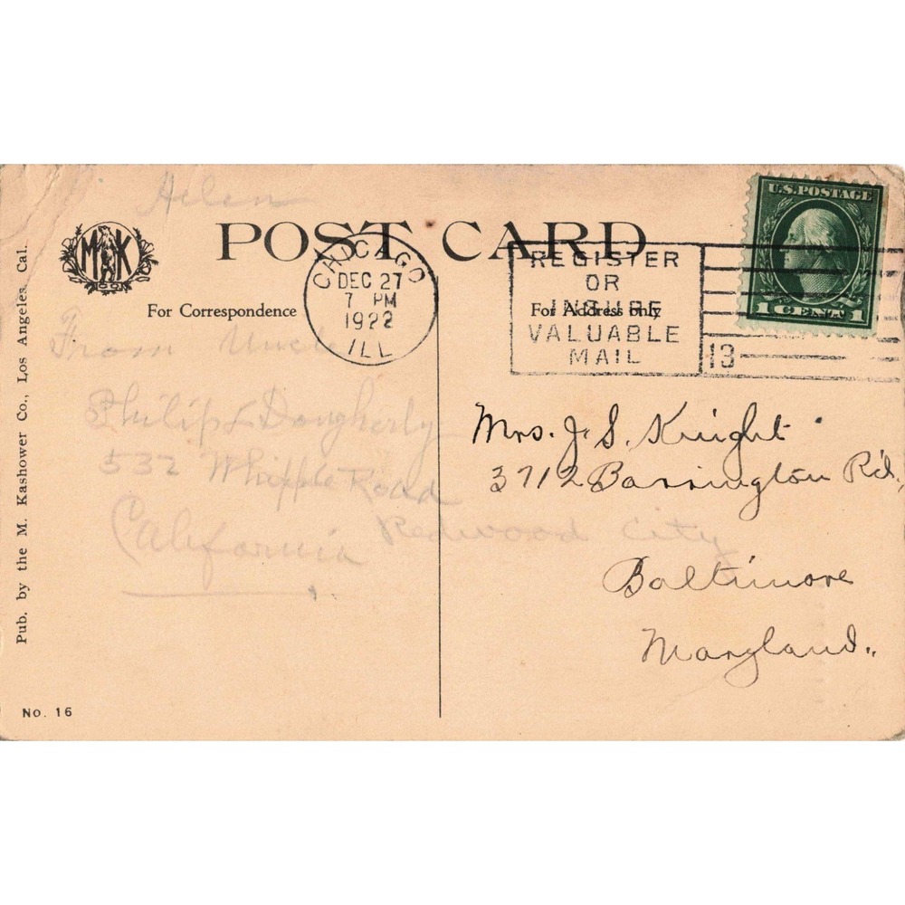 Vintage 1922 Christmas Greetings from California Postcard M. Kashower Co. VG - Picture 2 of 2